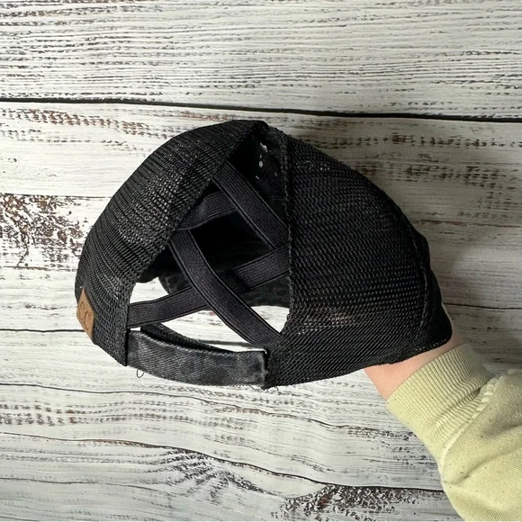 NWOT CC HAT PONY TAIL CRISS CROSS GRAY LEOPARD CHEETAH PRINT BASEBALL CAP BLACK - Picture 6 of 9